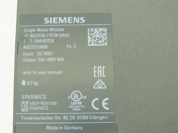 Модуль Siemens 6SL3120-1TE26-0AA3