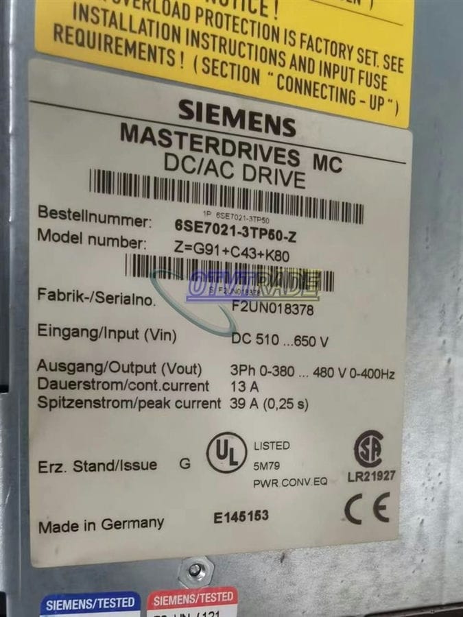 Модуль SIEMENS MAIN DRIVE 6SE7021-3TP50-Z Z G91+C43+K80