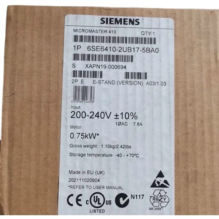 Модуль Siemens 6SE6410-2UB17-5BA0 Micromaster 410 Inverter 7.5kW 1 HP, NiB